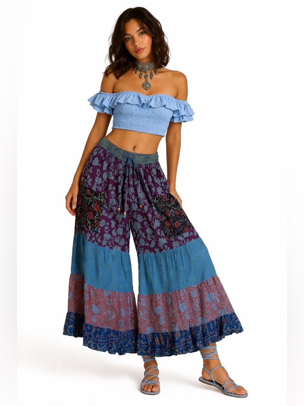 Hippie Forever Handmade Tiered Patchwork Palazzo Women SZ OS Enchanted Fairycore